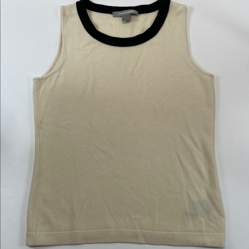 Ellen Tracy 100% Cashmere Sleeveless Sweater Tank Cream Black Trim Women Sz M